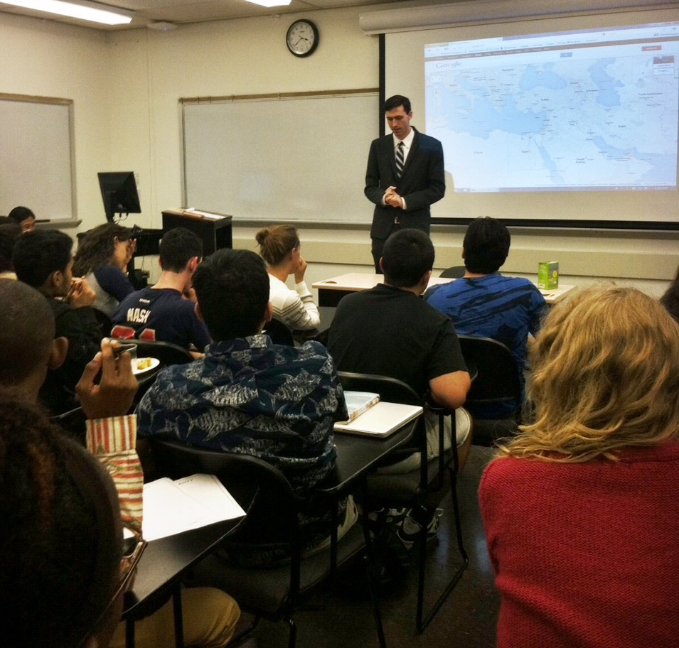 Professor Matthew Bolton speaking to students about the current events in Syria.