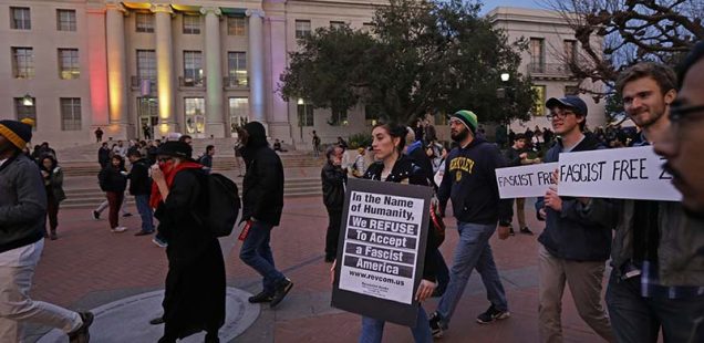 People marching in front of Sproul Hall to protest the appearance of Breitbart News editor Milo Yiannopoulos on Wednesday, Feb. 1, 2017, in Berkeley, Calif. (AP Photo/Ben Margot; Source: SPLC)